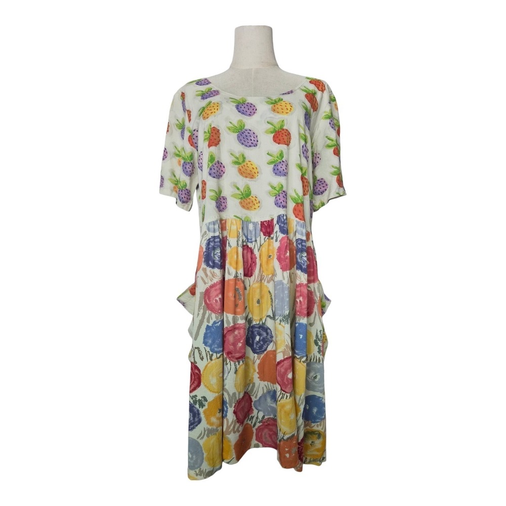 Vintage 90s Jams World Rayon Fruit Floral Pocket Midi Dress Made USA Women's‎ M
